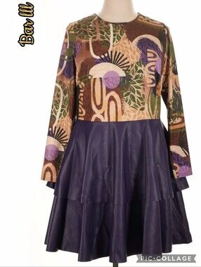 Bar III tiered purple/print dress drop waist, layers, multicolor print, LS.